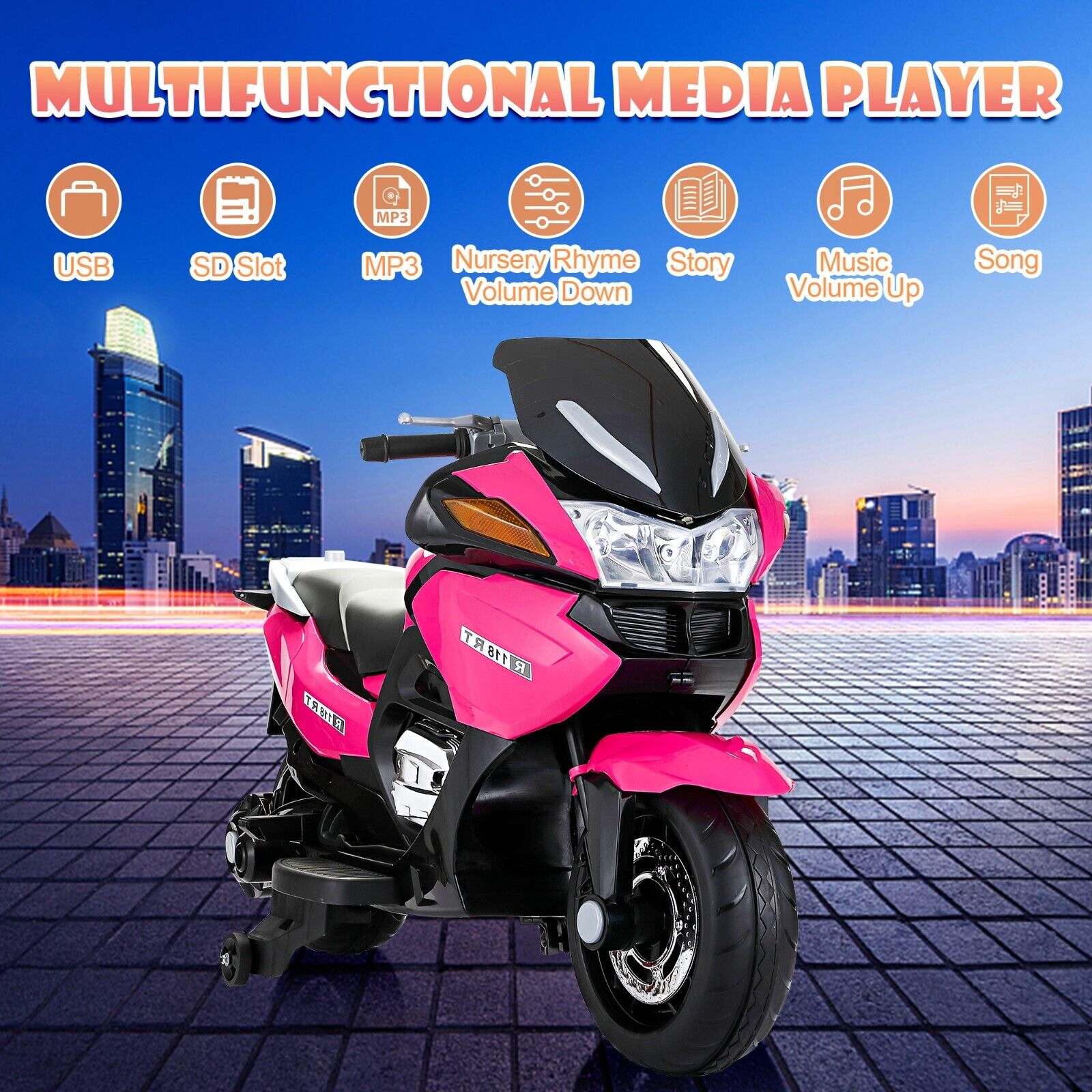 TOBBI 12V Electric Motorcycle for Kids with Training Wheels - Battery Powered Ride-On Toy