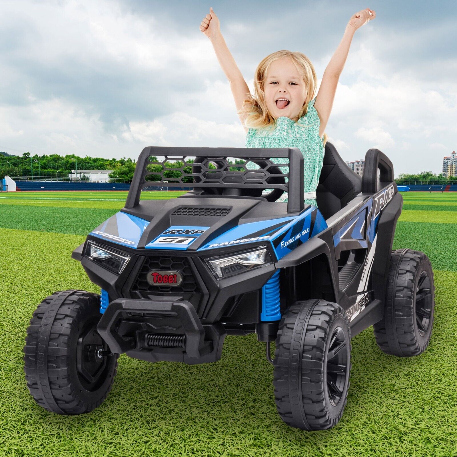 TOBBI 12V Electric Off-Road UTV Truck for Kids with Headlights, Music, and Horn