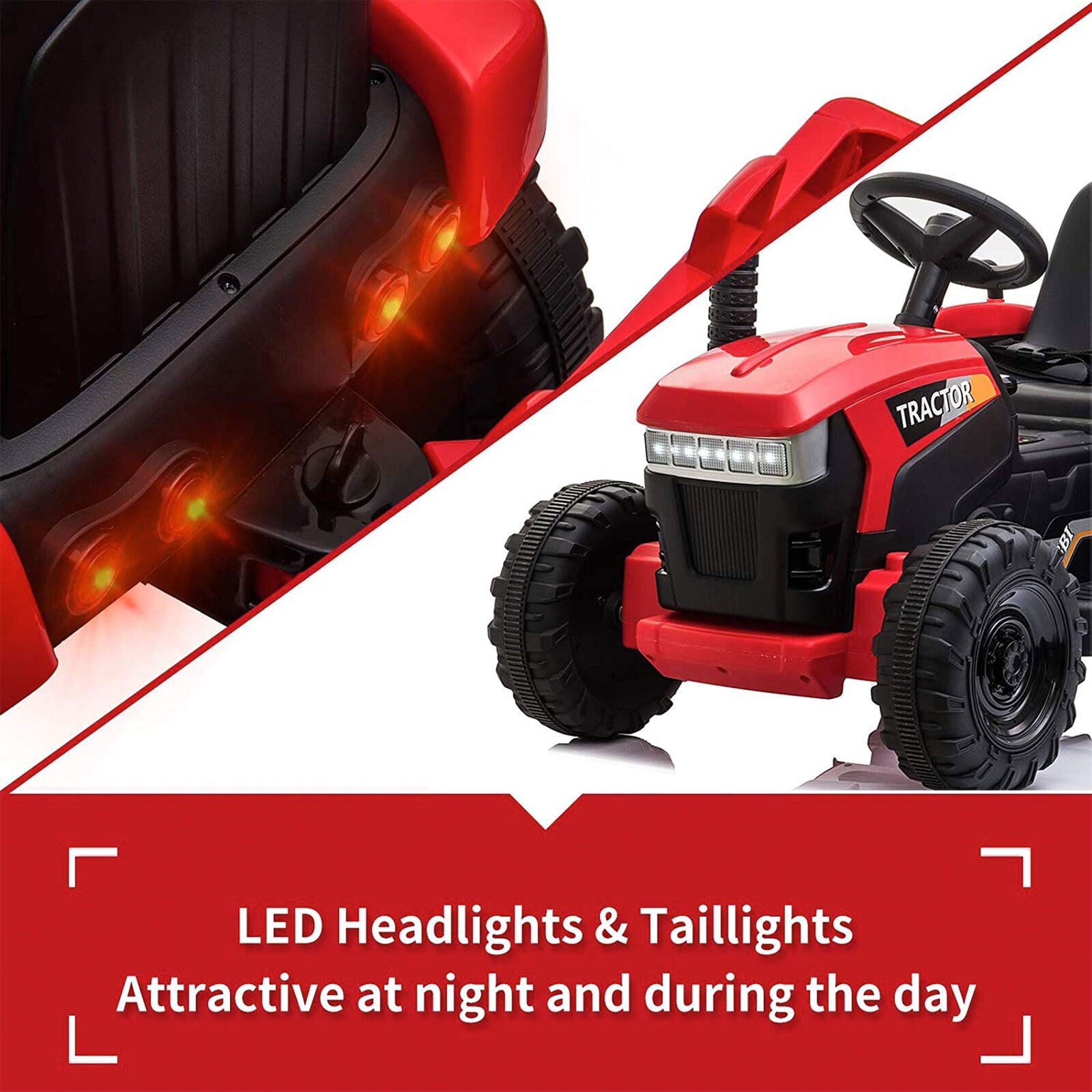 TOBBI 12V Kids Electric Ride On Toy Tractor with Trailer, Red