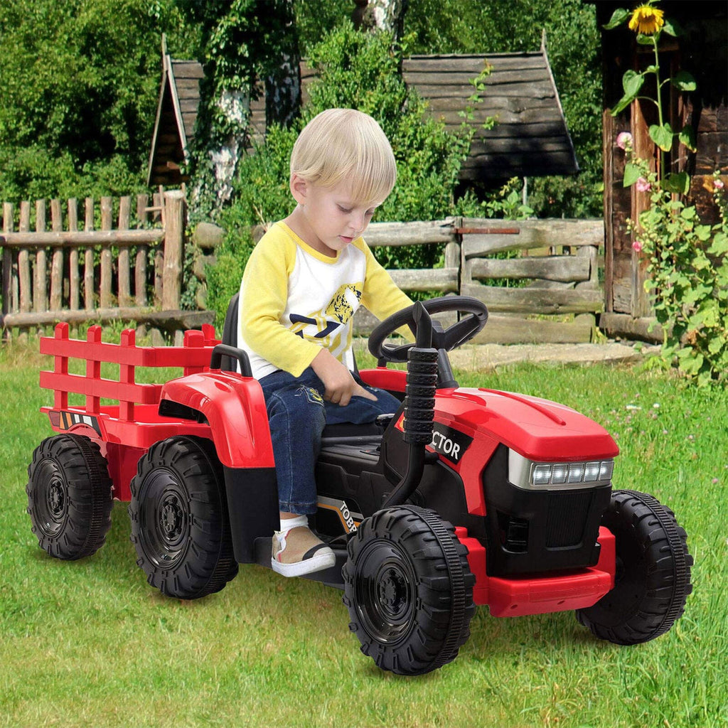 TOBBI 12V Kids Electric Ride On Toy Tractor with Trailer, Red