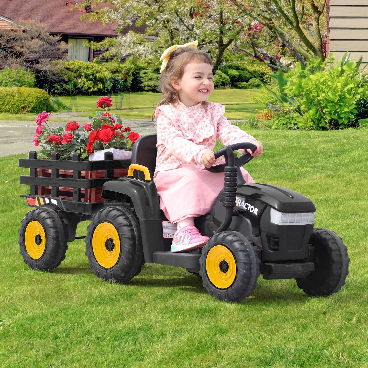 12V Electric Ride-On Kids Tractor with Battery Powered Toy Car and Trailer