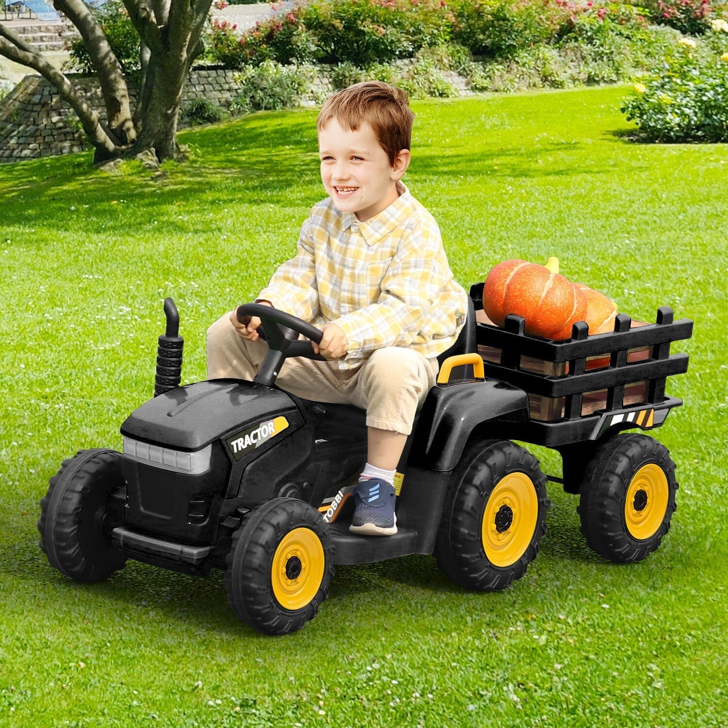 12V Electric Ride-On Kids Tractor with Battery-Powered Toy Car and Trailer