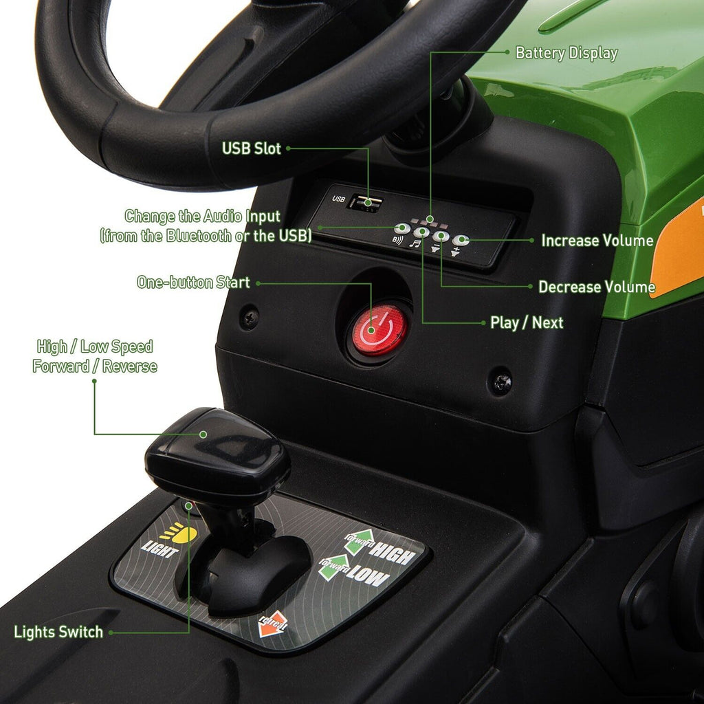 TOBBI 12V Kids Ride-On Tractor with Detachable Trailer and Illuminating Lights