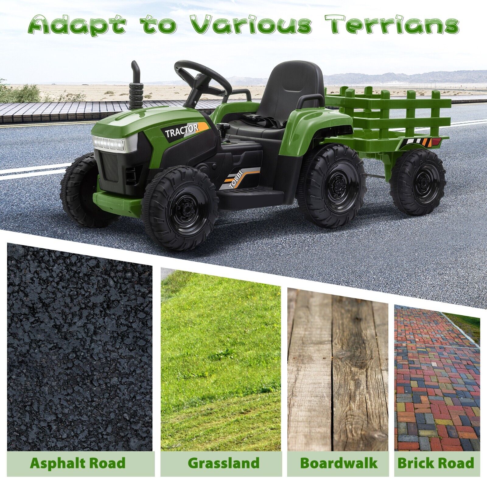 TOBBI 12V Kids Ride-On Tractor with Detachable Trailer and Illuminating Lights
