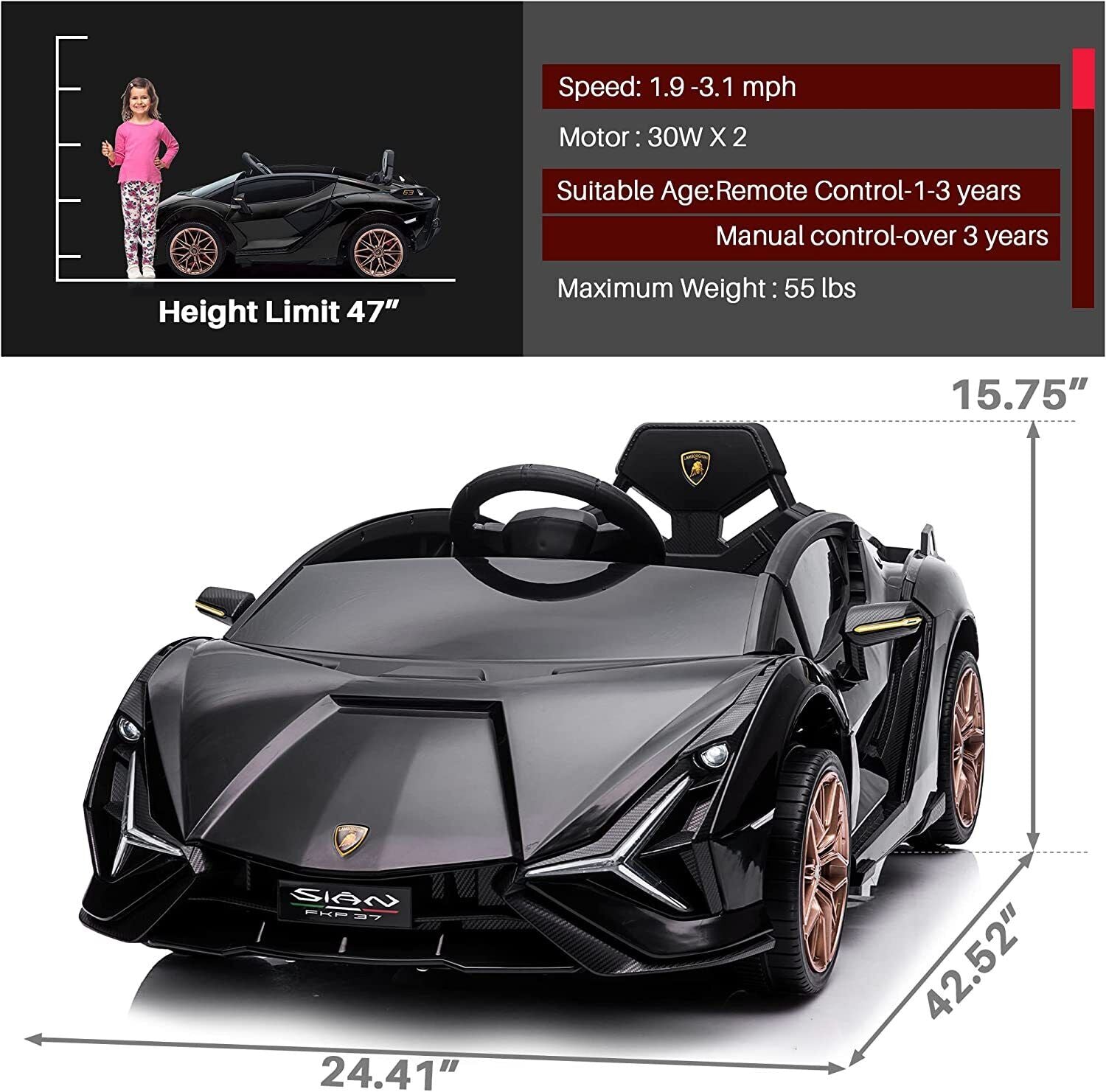 TOBBI 12V Lamborghini Sian Licensed Kids Electric Ride on Car with Parental Remote Control