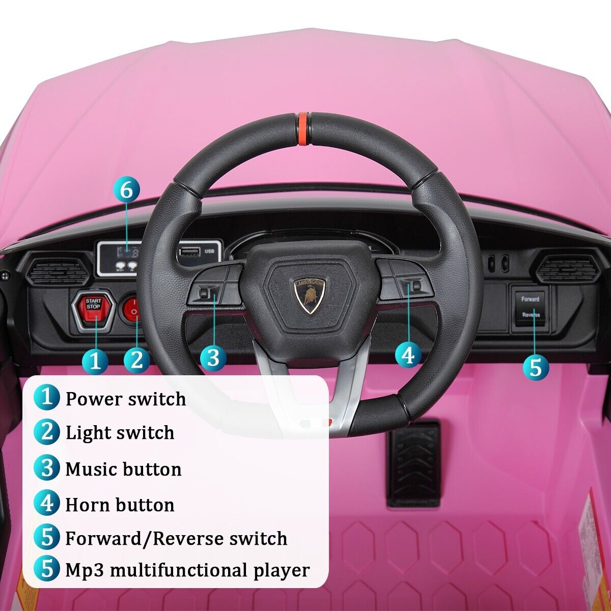 TOBBI 12V Lamborghini SUV Ride-On Car for Kids with Remote Control, MP3 Player, and Pink Color