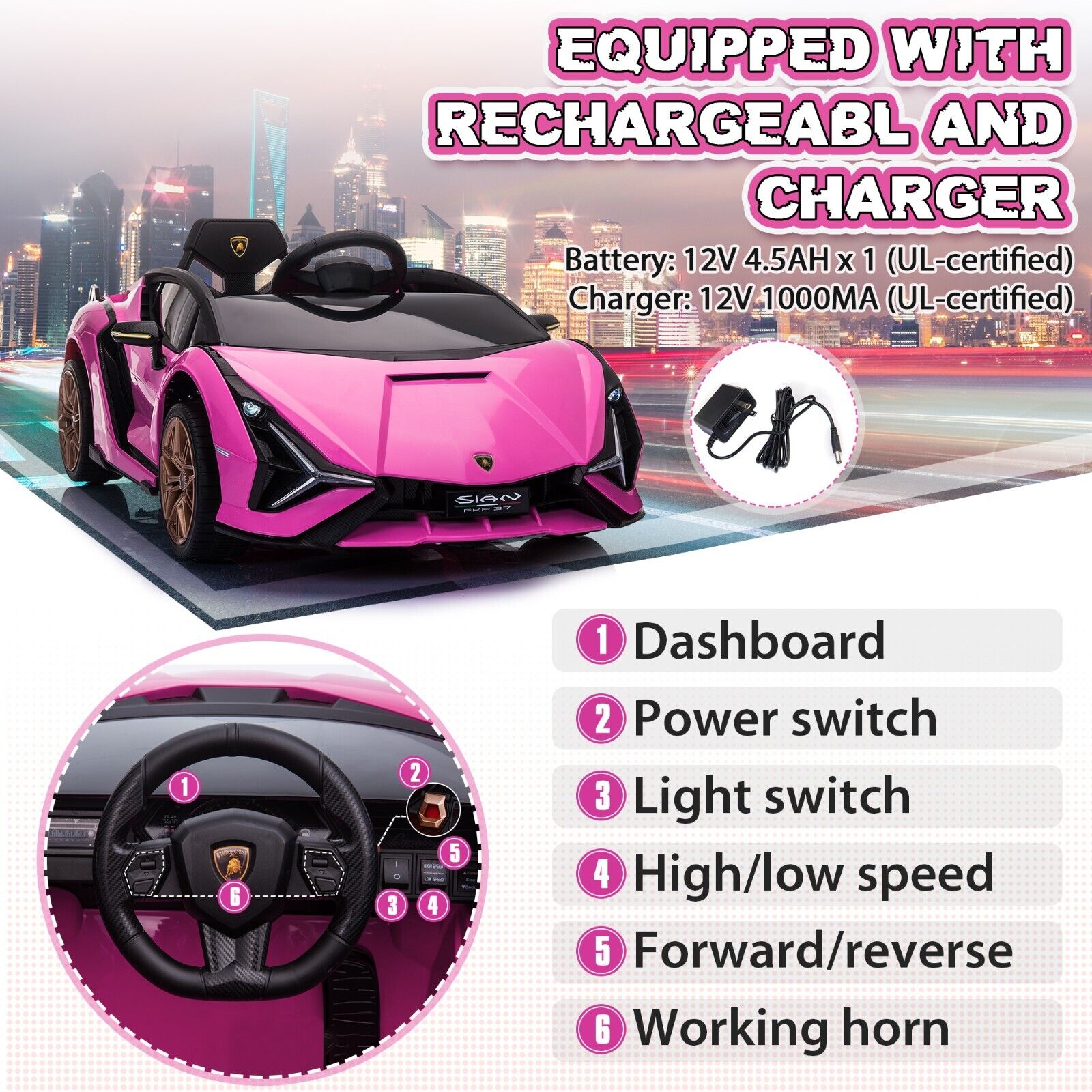 TOBBI 12V Pink Lamborghini SIAN Electric Ride-On Car for Kids with Remote Control