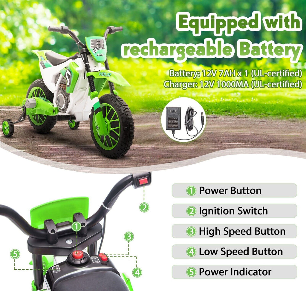 TOBBI Kids Electric Motorbike with Training Wheels - All-in-One Kid-Powered Ride