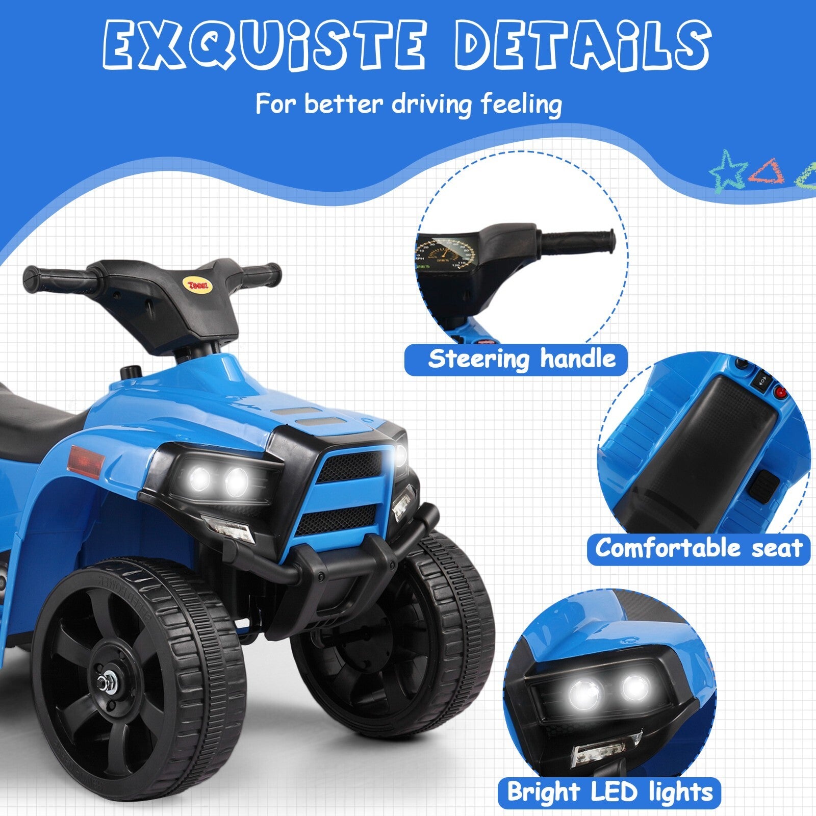 Kids Electric Ride-On ATV Quad Car Toy with LED Headlights and Speed Indicator