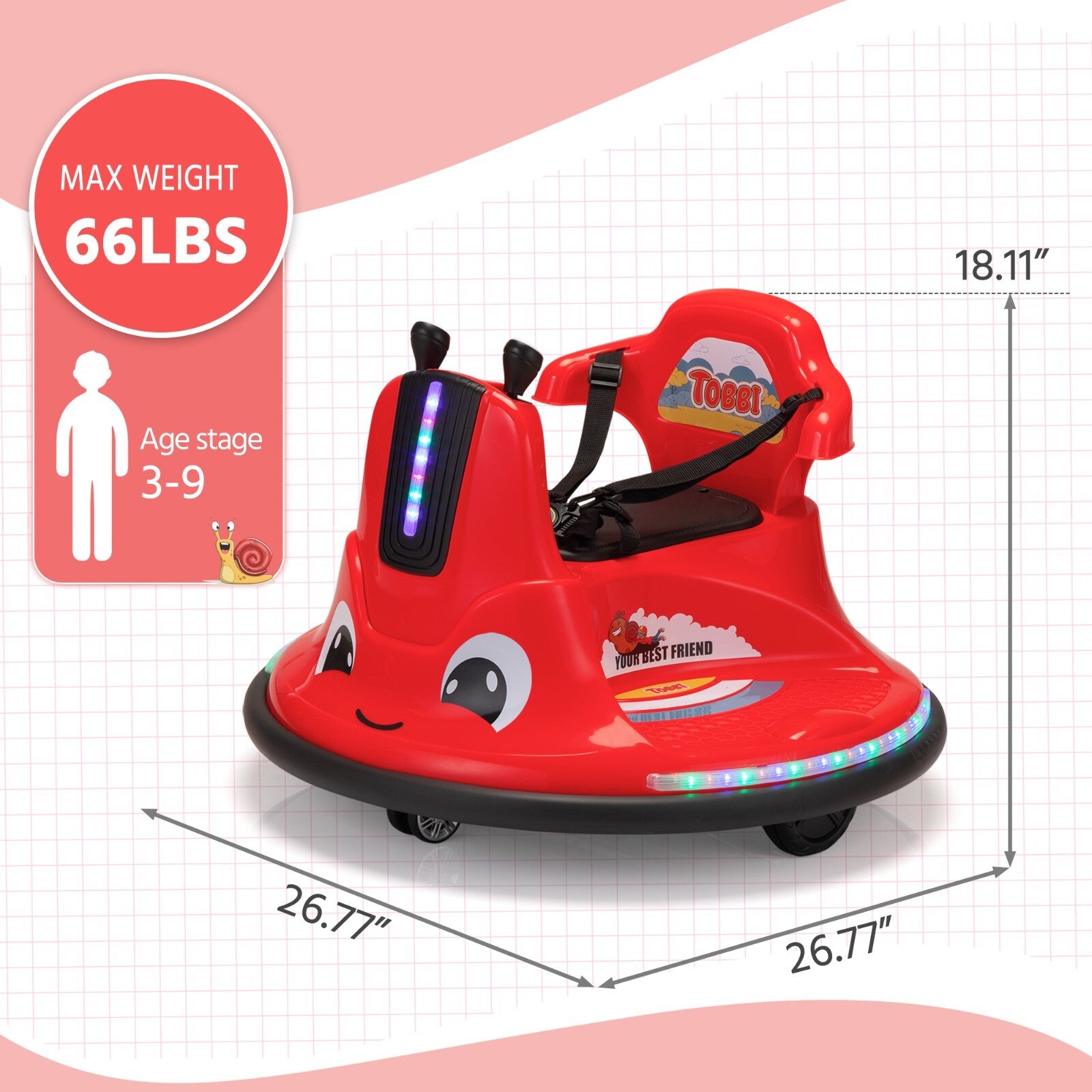 360° Spinning Ride-On Bumper Car for Kids with Remote Control and LED Lights, Red