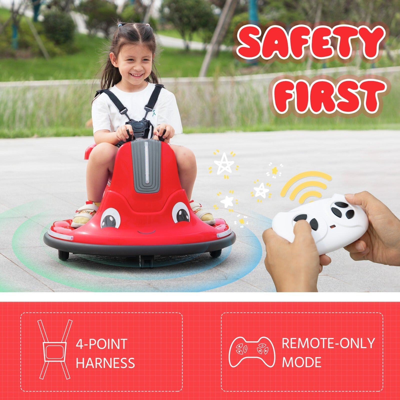 360° Spinning Ride-On Bumper Car for Kids with Remote Control and LED Lights, Red