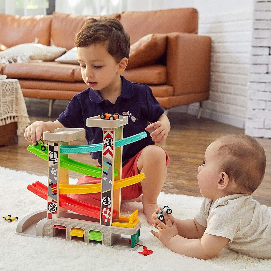 Toddler Race Track Toy with 4 Wooden Cars Montessori Learning Playset