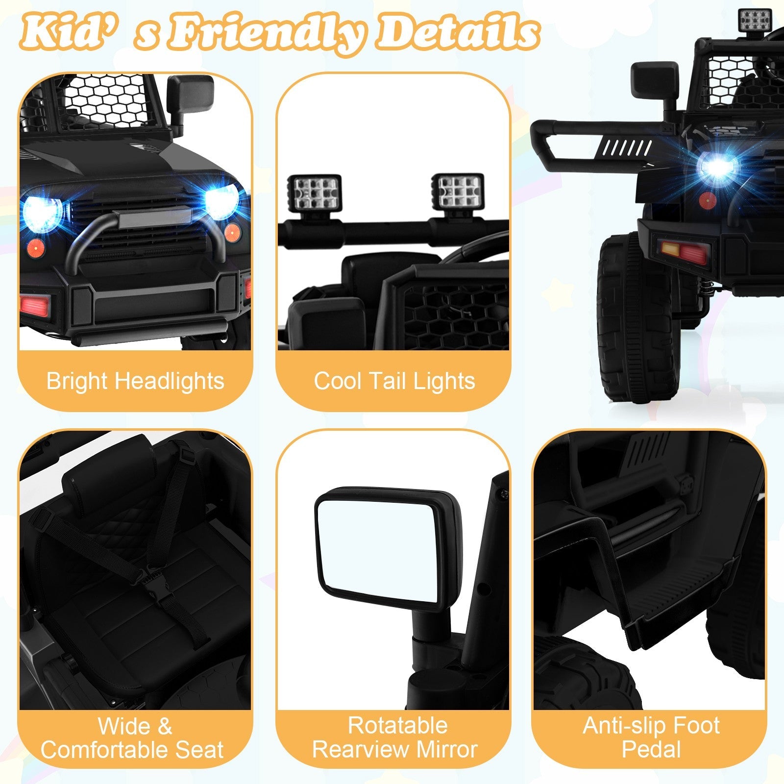 12V Kids Electric Ride-On Car with Parental Remote Control, Music, and Horn