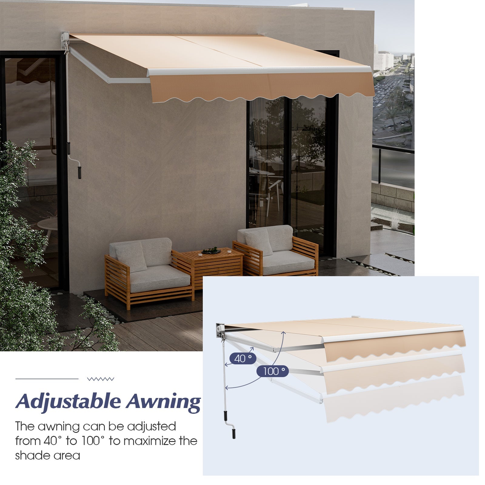 8' x 6.6' Retractable Awning with Aluminum Frame and Sun Water Protection PA Fabric