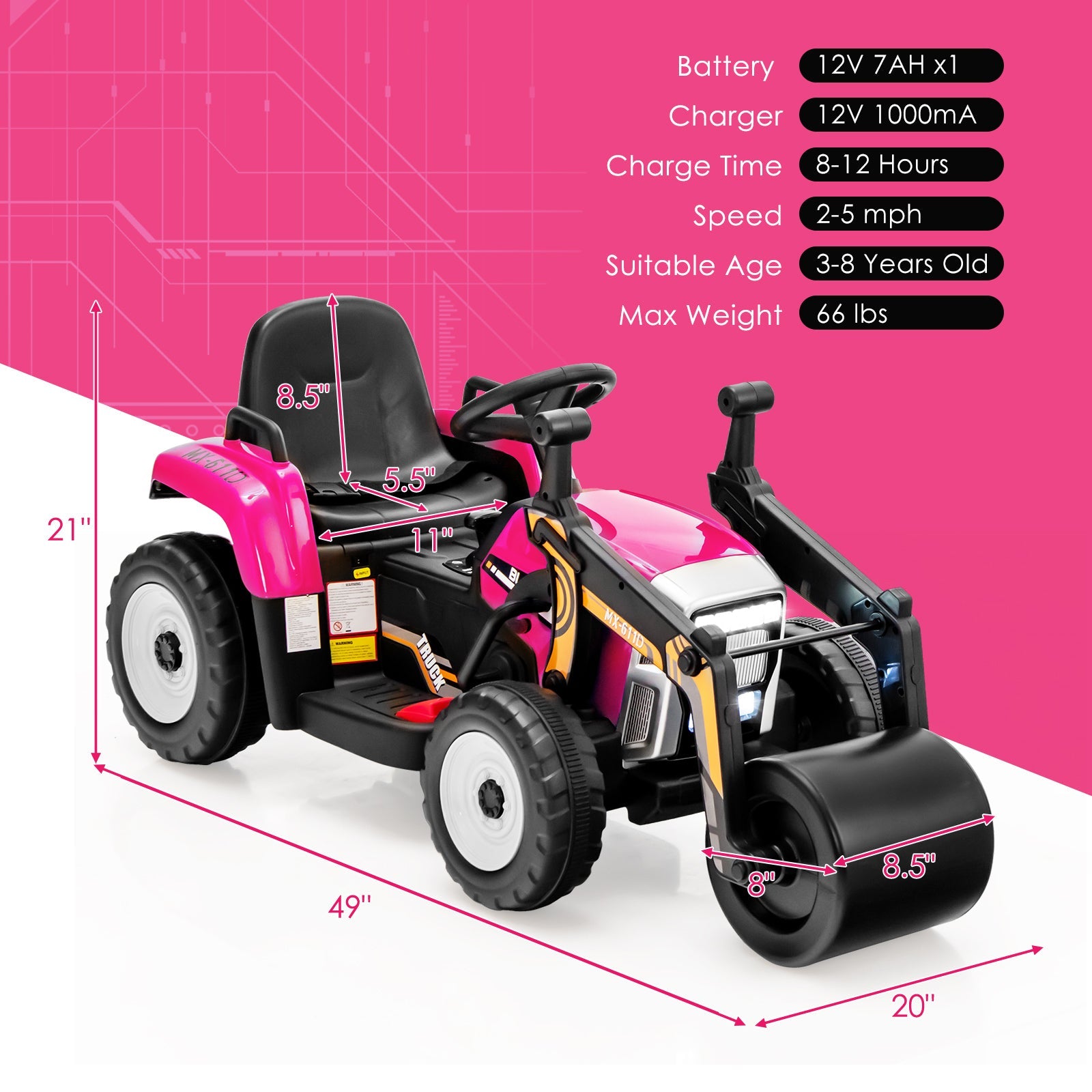 12V Electric Tractor with Remote Control, Music, and LED Lights for Kids