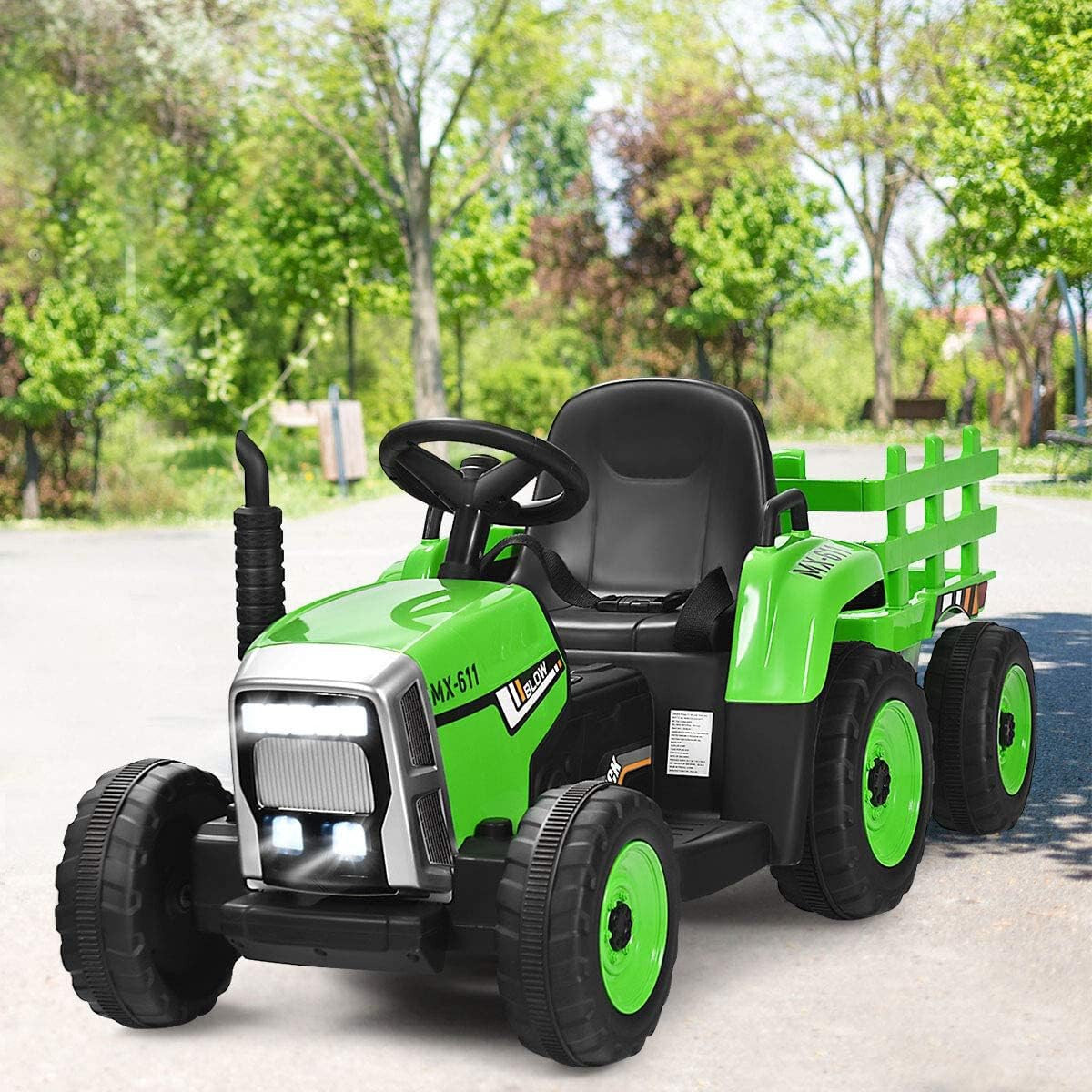 12V Kids' Electric Tractor with Detachable Trailer, USB Charging, 7 LED Lights, Remote Control