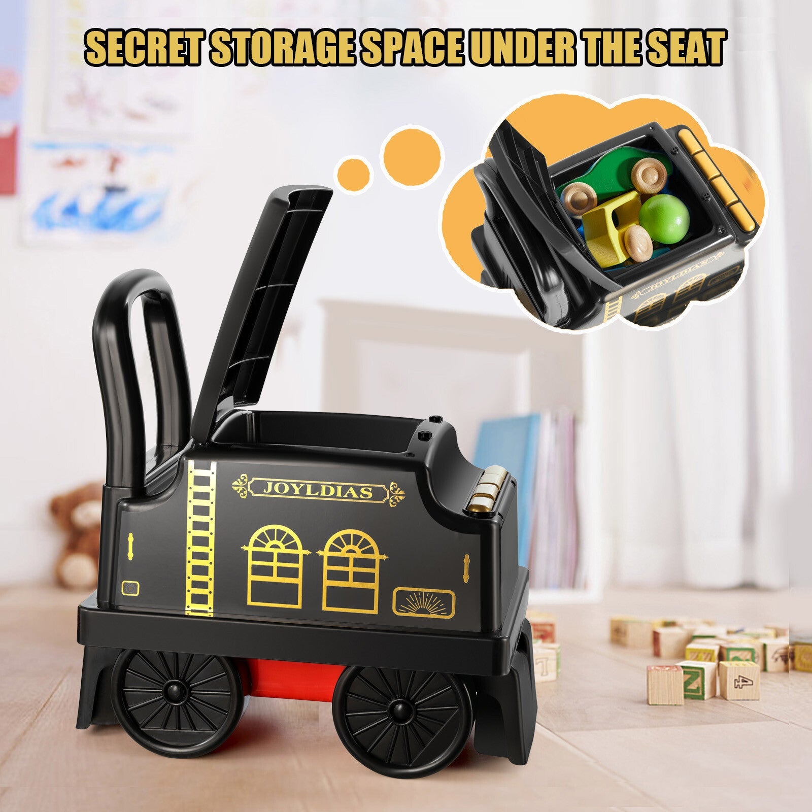 Ride-On Train Carriage with Songs, Stories, Storage, and Handle - Black/Blue