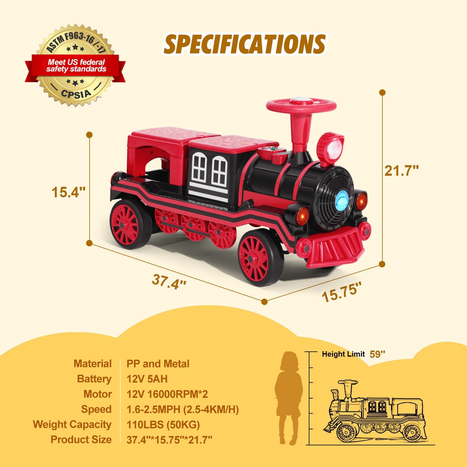 12V Two-Seater Electric Ride-On Train for Kids with Music and Lights, Red/Blue