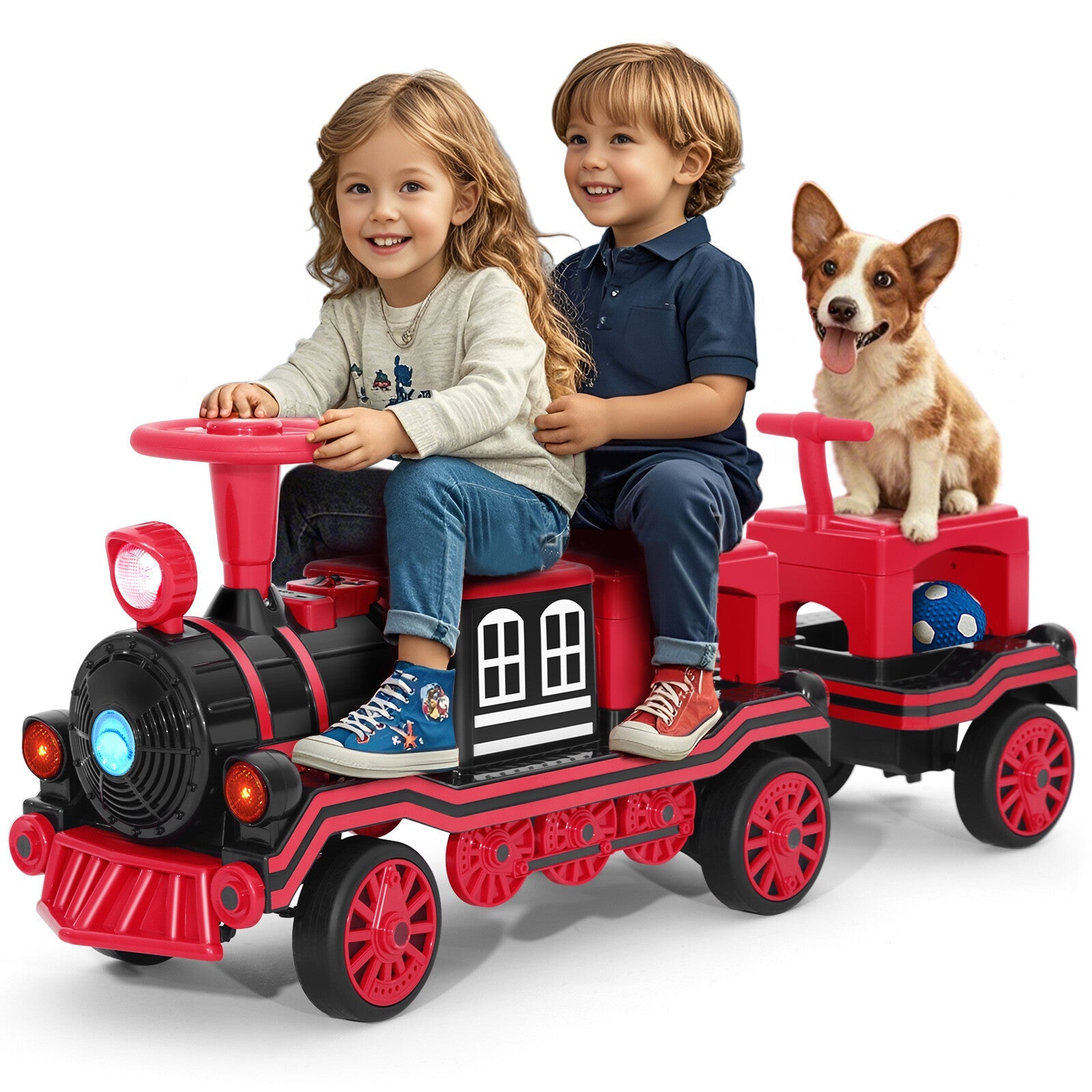 12V Two-Seater Electric Ride-On Train for Kids with Music and Lights, Red/Blue