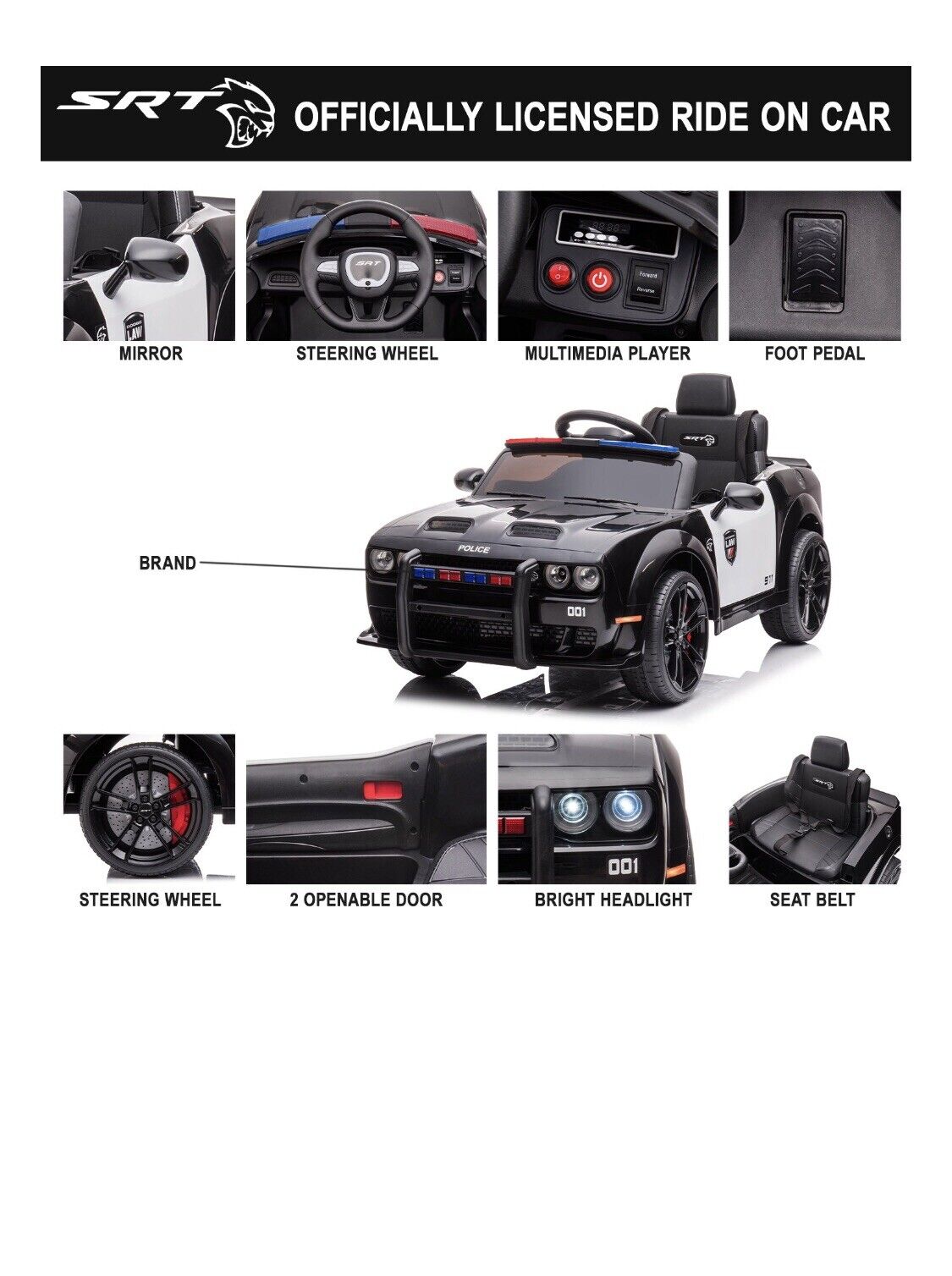 Ultimate Dodge Challenger SRT Hellcat Police Car 12V Kids Ride-On Toy with Remote Control