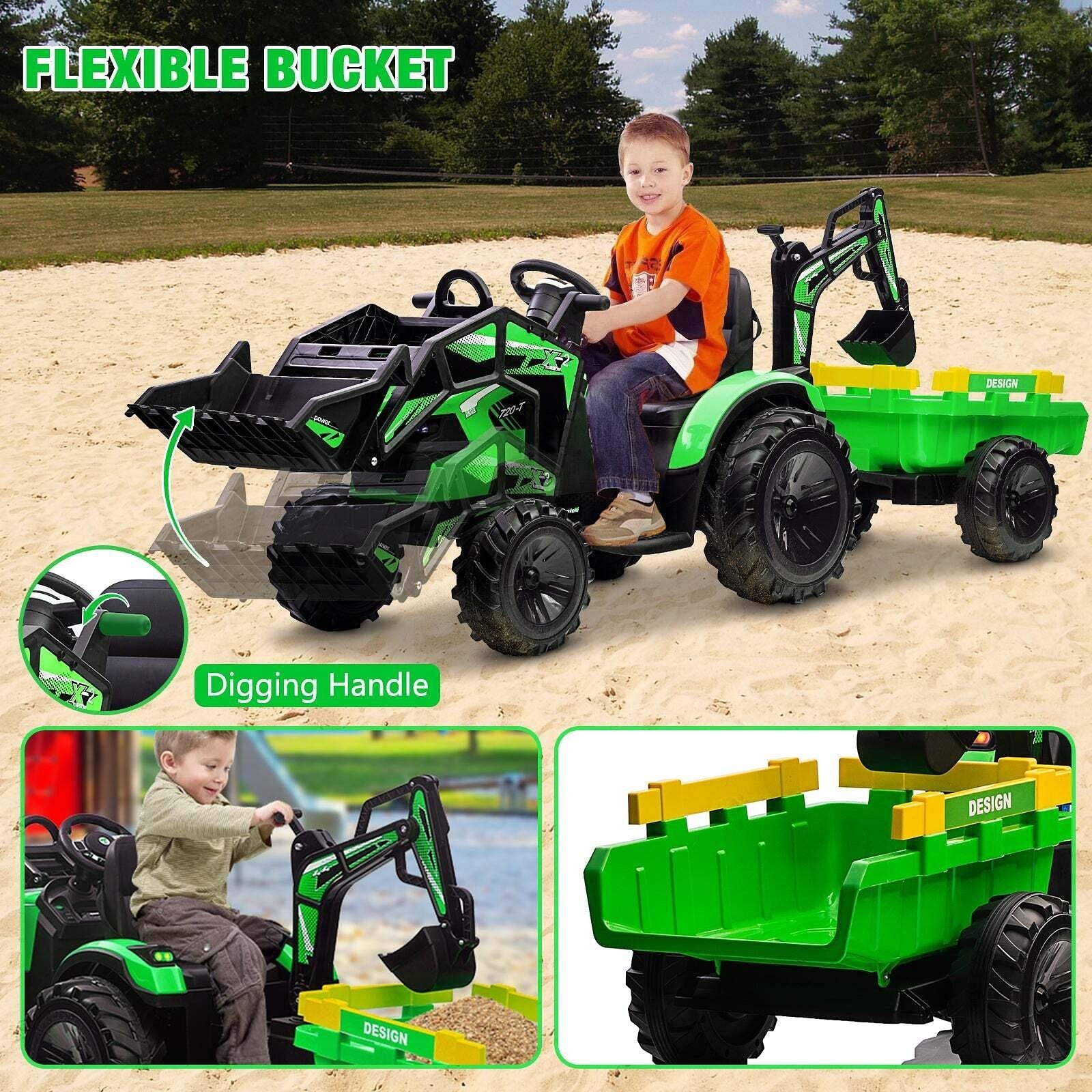 24V 3-in-1 Battery-Powered Electric Kids Ride-On Tractor with Trailer