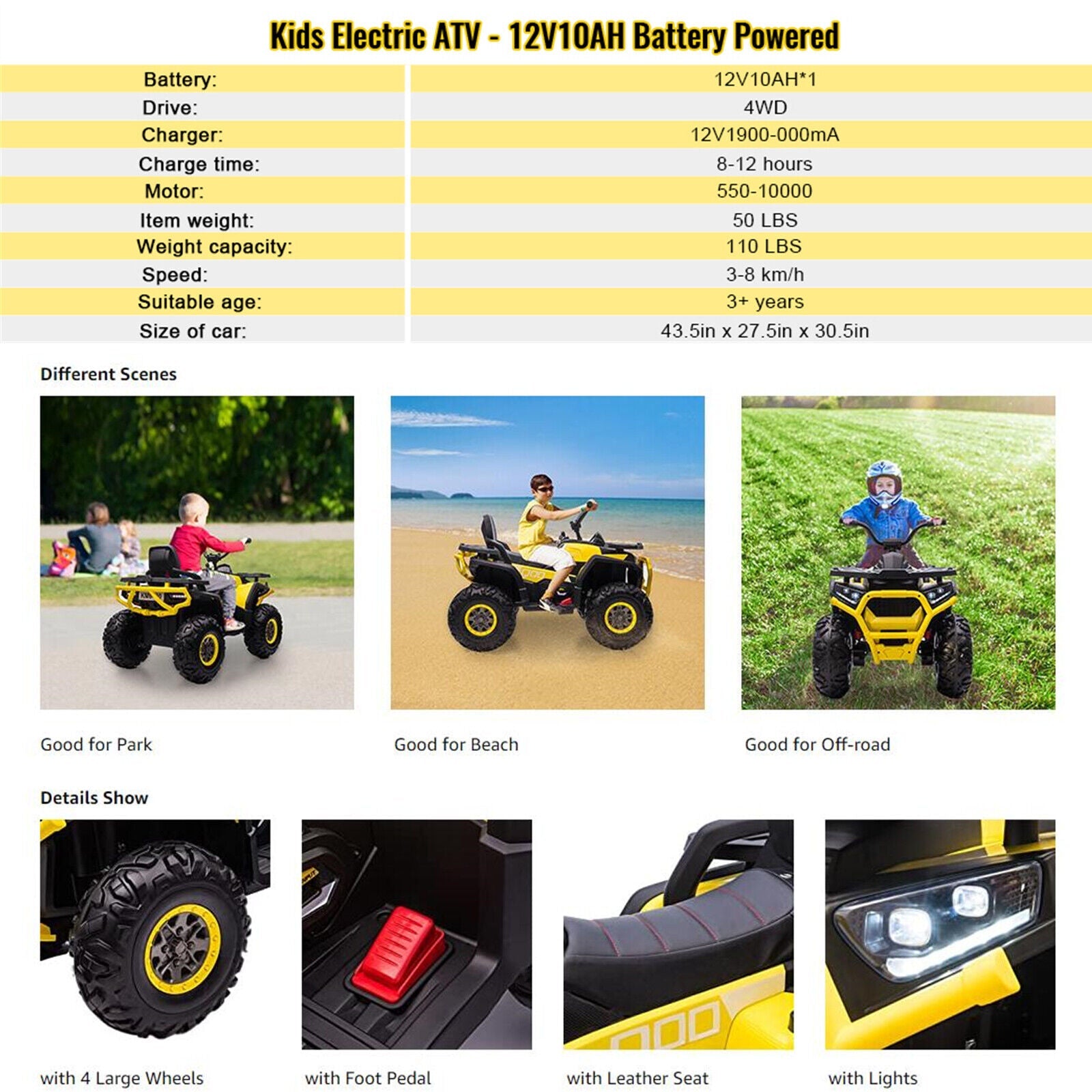 VILOBOS 12V Battery-Powered ATV Ride-On Toy with Music and Lights for Kids
