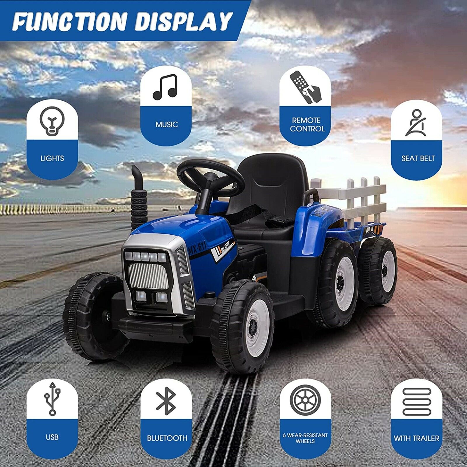 VILOBOS 12V Ride On Tractor with Trailer - Battery Powered Toy Car for Kids