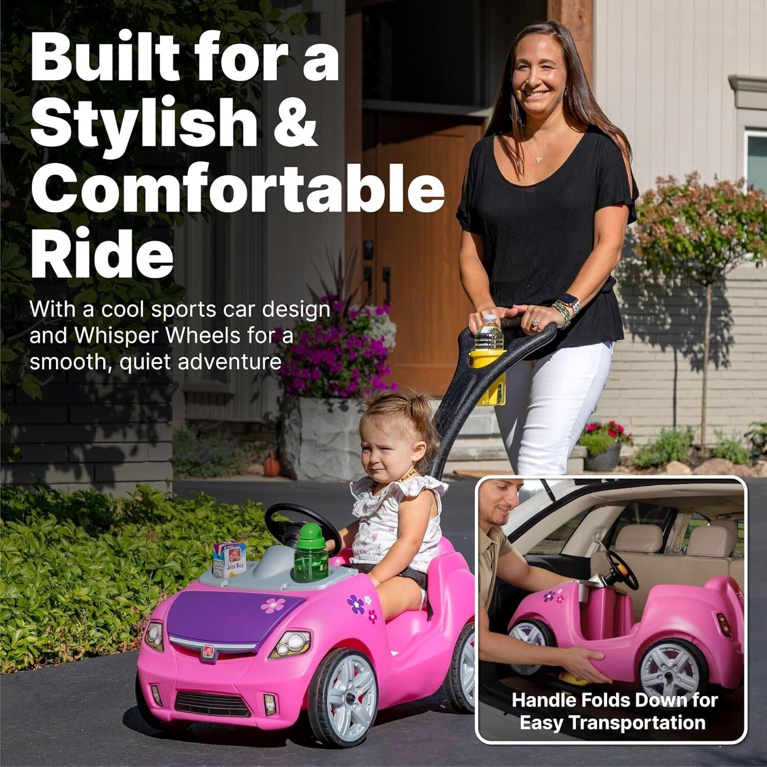 Whisper Ride II Pink Push Toy Car with Adjustable Seat Belt and Cup Holders