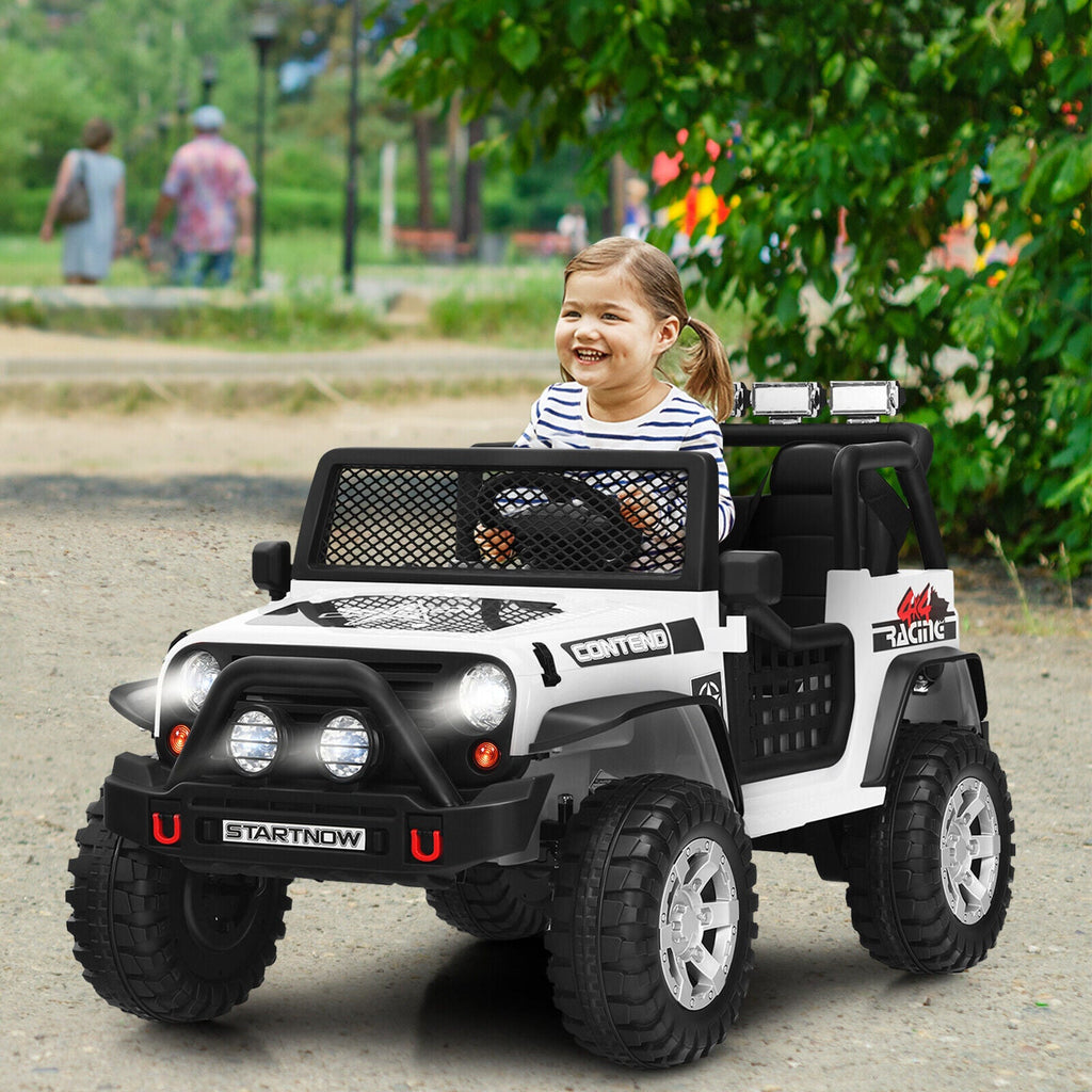 White 12V Electric Ride-On Truck for Kids with Remote Control and Lights