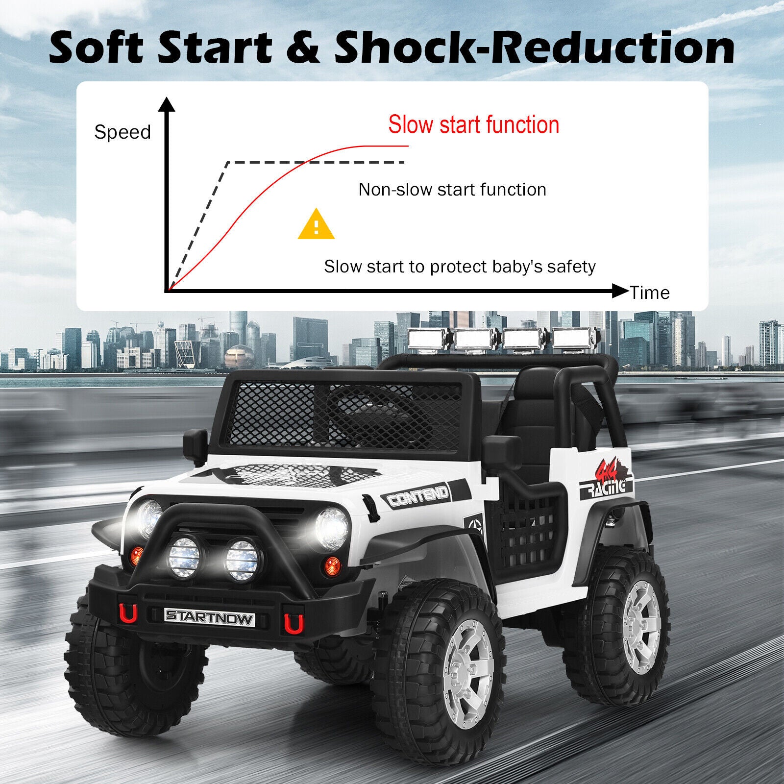White 12V Electric Ride-On Truck for Kids with Remote Control and Lights