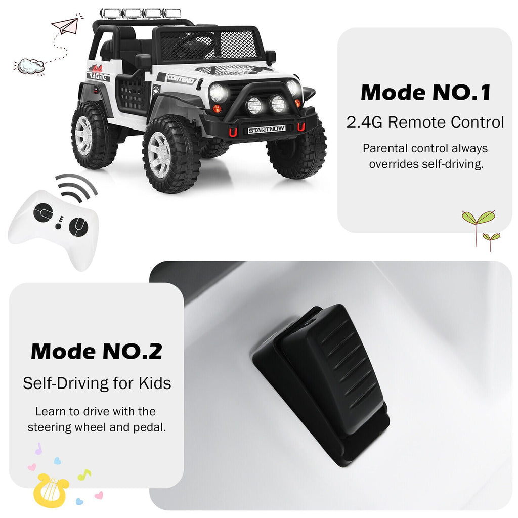 White 12V Electric Ride-On Truck for Kids with Remote Control and Lights