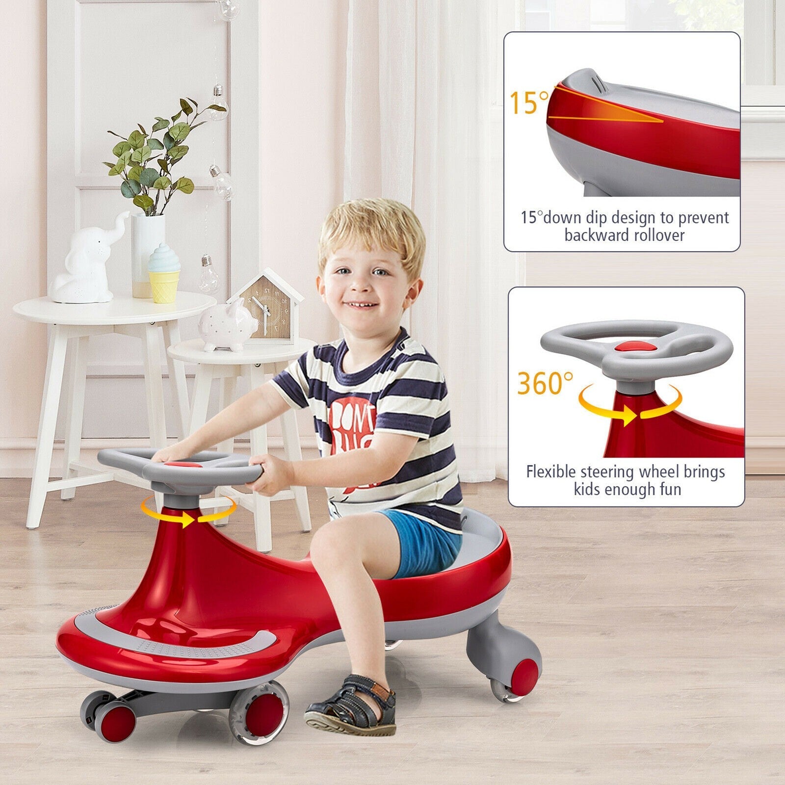 Wiggle Car Ride-On Toy with Flashing Wheels for Toddlers and Kids in Red