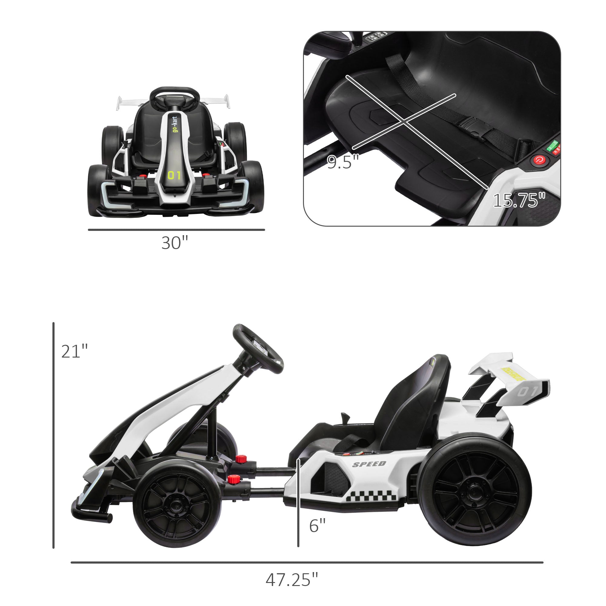 Adjustable Seat Electric Go Kart with Slow Start - 24V, 7.5 MPH