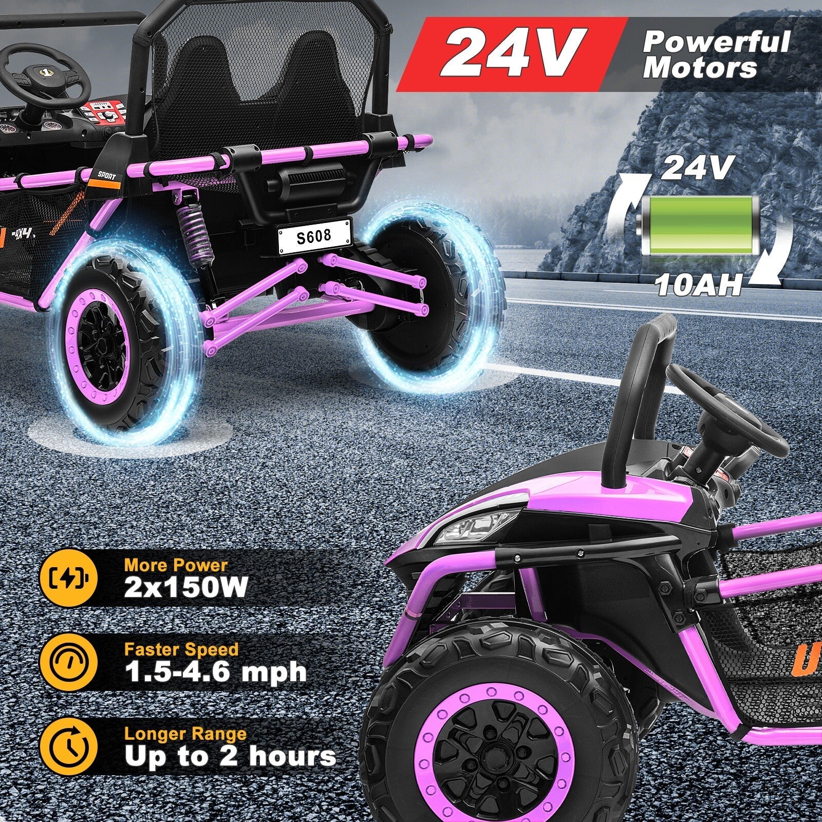 24V Kids 2-Seater Ride-On UTV Truck with 300W Motor, Remote Control, EVA Tires, Purple