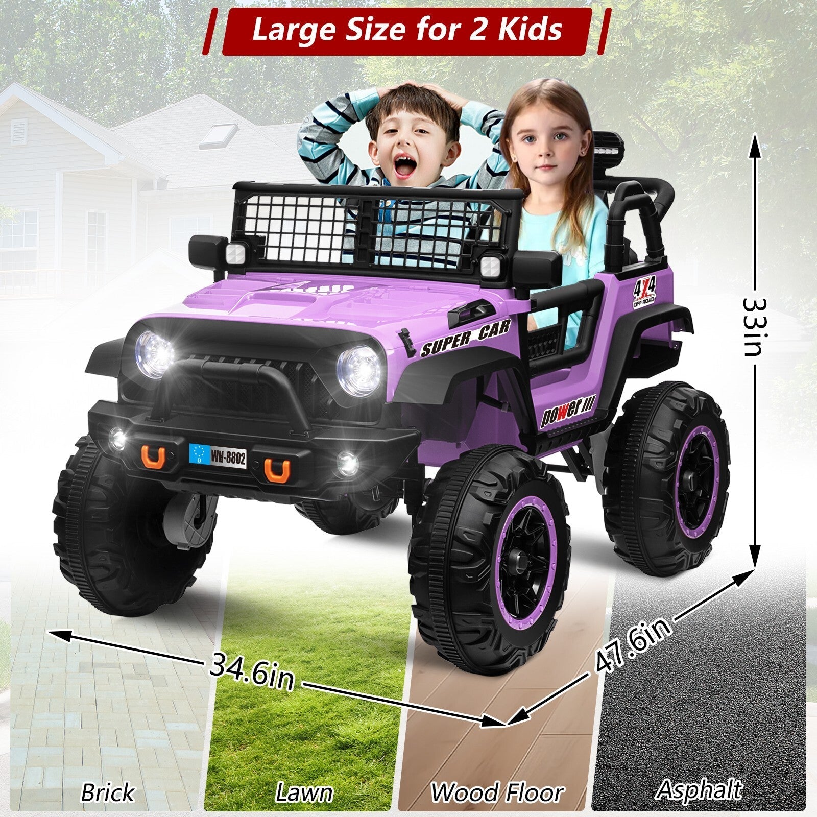 24V Electric Kids Ride-On Car with 2 Seats and 4WD/2WD Switch - Purple