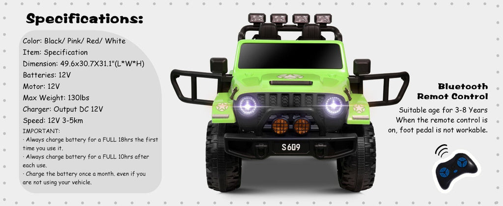 12V Electric Ride-On Jeep Truck for Kids 2-Seater with 3 Speeds Green