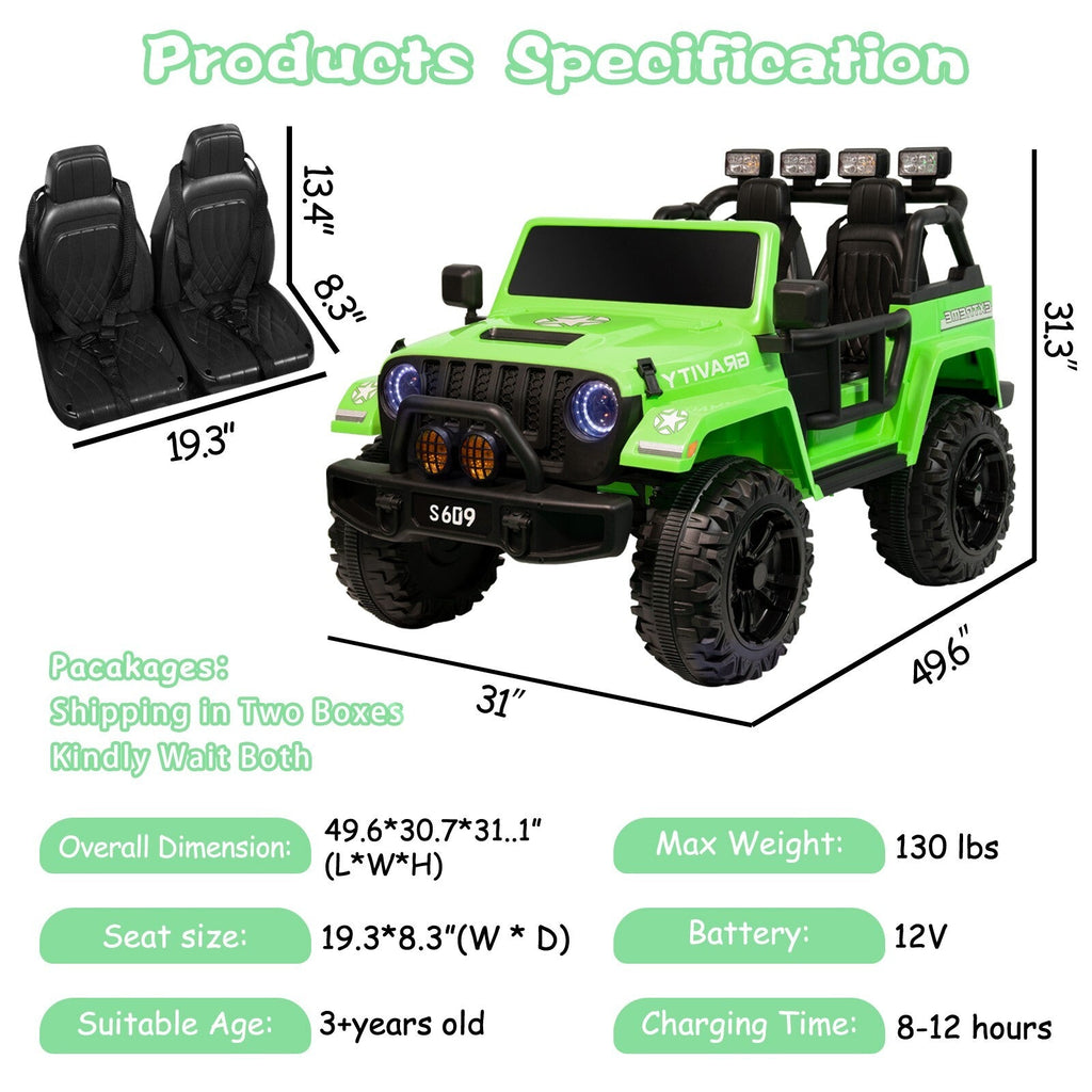 12V Electric Ride-On Jeep Truck for Kids 2-Seater with 3 Speeds Green